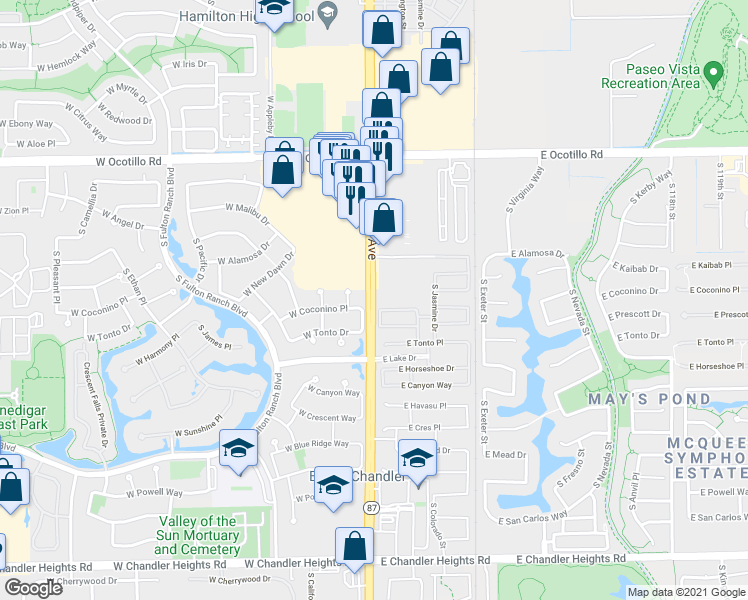 map of restaurants, bars, coffee shops, grocery stores, and more near 4225 S Arizona Ave in Chandler