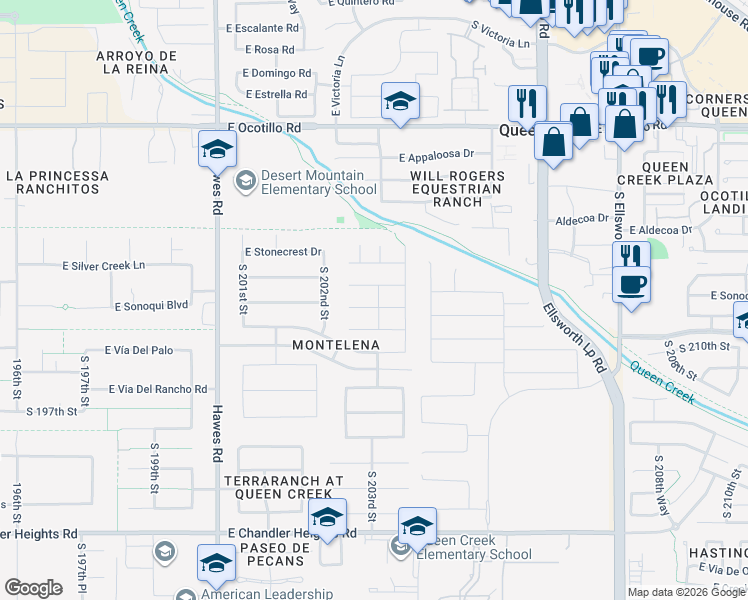 map of restaurants, bars, coffee shops, grocery stores, and more near 20280 East Silver Creek Lane in Queen Creek