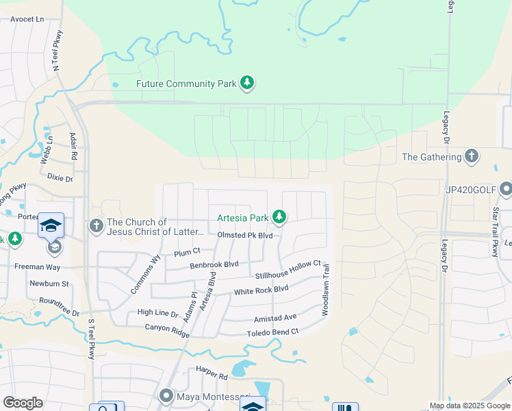 map of restaurants, bars, coffee shops, grocery stores, and more near 16416 Bidwell Park Drive in Prosper