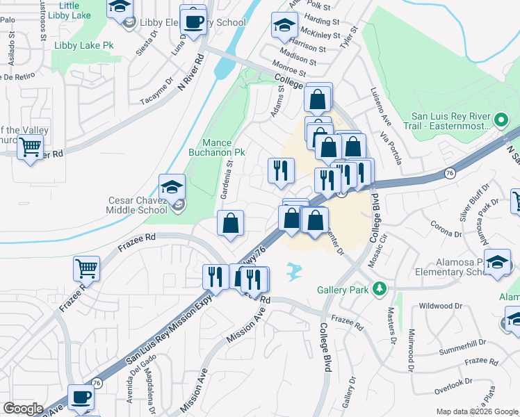 map of restaurants, bars, coffee shops, grocery stores, and more near 242 Flame Tree Place in Oceanside