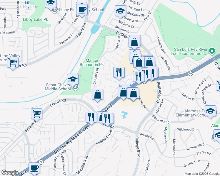map of restaurants, bars, coffee shops, grocery stores, and more near 255 Flame Tree Place in Oceanside