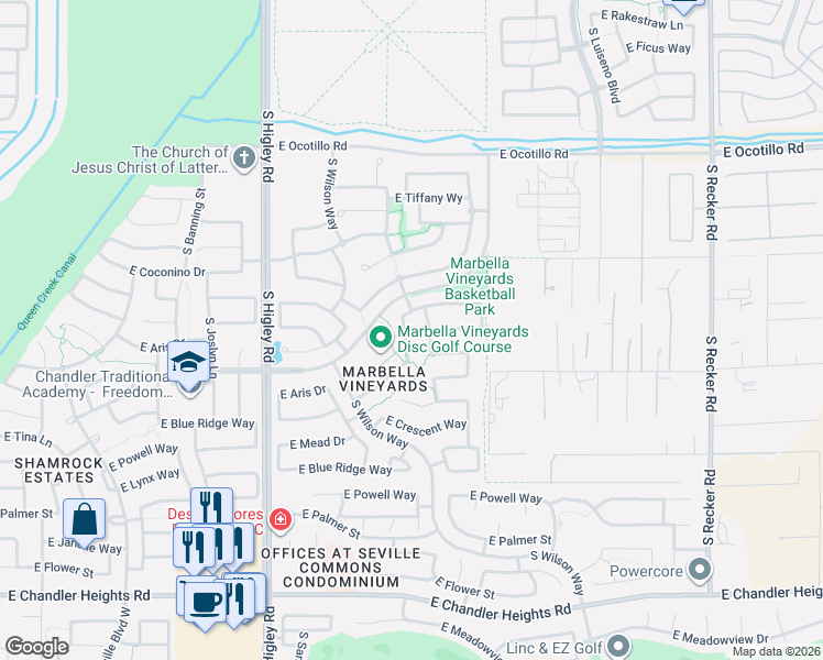 map of restaurants, bars, coffee shops, grocery stores, and more near 5908 South Inez Drive in Gilbert