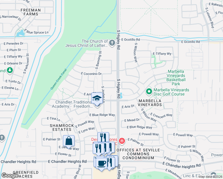 map of restaurants, bars, coffee shops, grocery stores, and more near 3150 East Eleana Lane in Gilbert