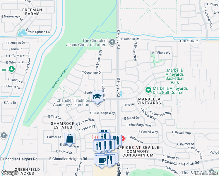 map of restaurants, bars, coffee shops, grocery stores, and more near 3150 East Eleana Lane in Gilbert
