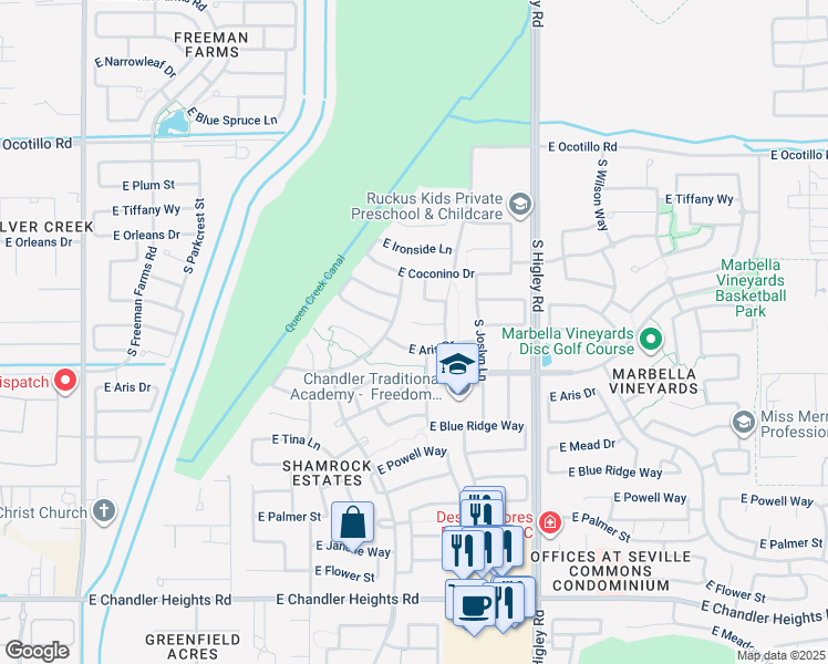 map of restaurants, bars, coffee shops, grocery stores, and more near 5907 South Tucana Lane in Gilbert