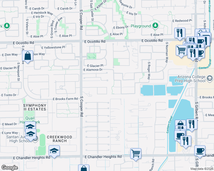 map of restaurants, bars, coffee shops, grocery stores, and more near 2193 East Coconino Place in Chandler