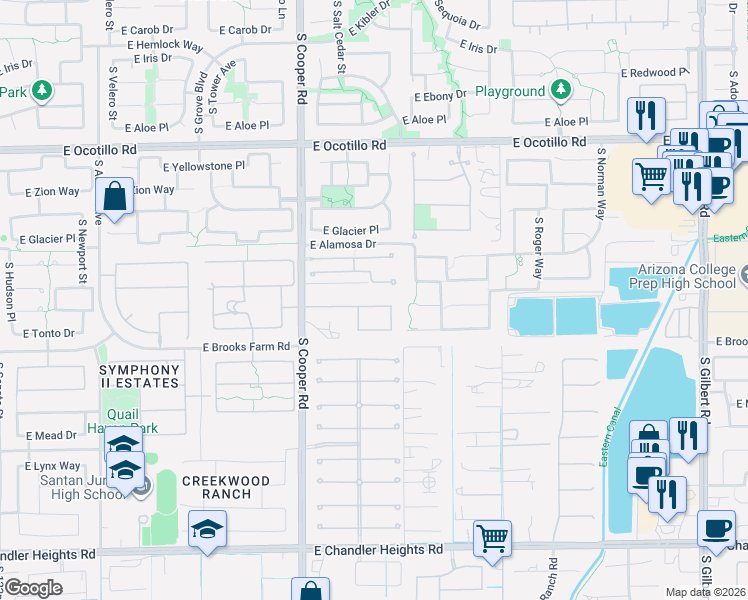 map of restaurants, bars, coffee shops, grocery stores, and more near 2113 East Coconino Place in Chandler
