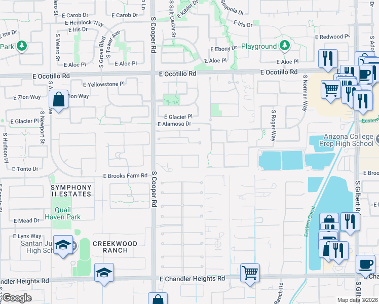 map of restaurants, bars, coffee shops, grocery stores, and more near 2113 East Coconino Place in Chandler