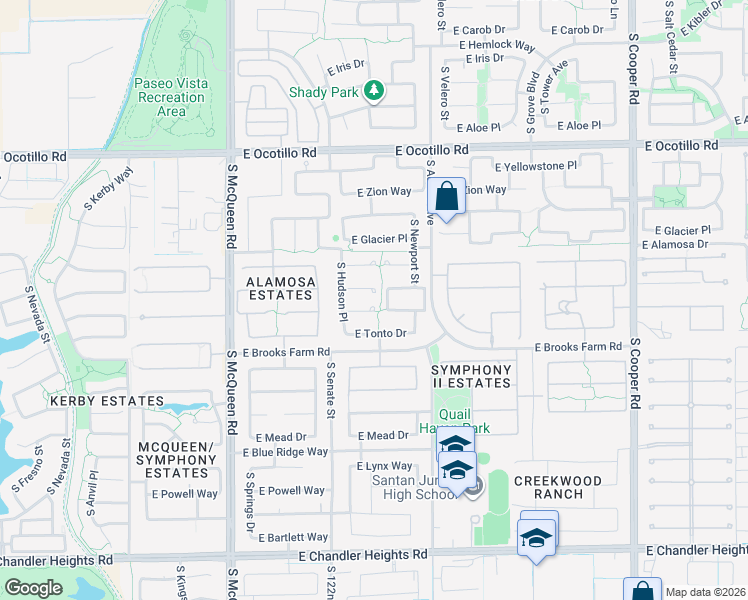 map of restaurants, bars, coffee shops, grocery stores, and more near 1430 East Coconino Drive in Chandler