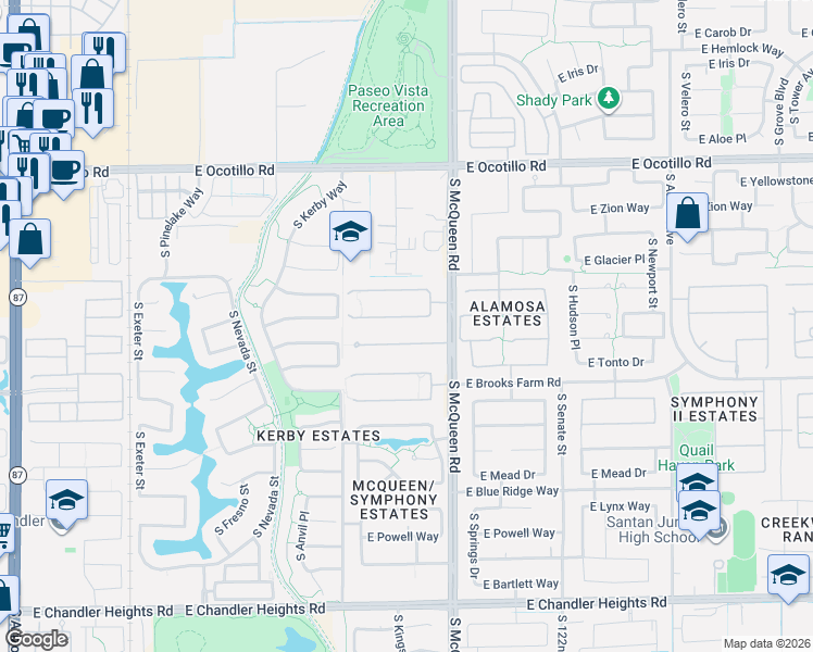 map of restaurants, bars, coffee shops, grocery stores, and more near 902 East Coconino Place in Chandler