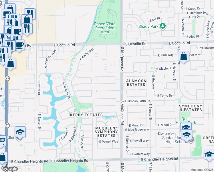 map of restaurants, bars, coffee shops, grocery stores, and more near 902 East Coconino Place in Chandler