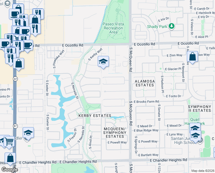 map of restaurants, bars, coffee shops, grocery stores, and more near 853 East Coconino Place in Chandler