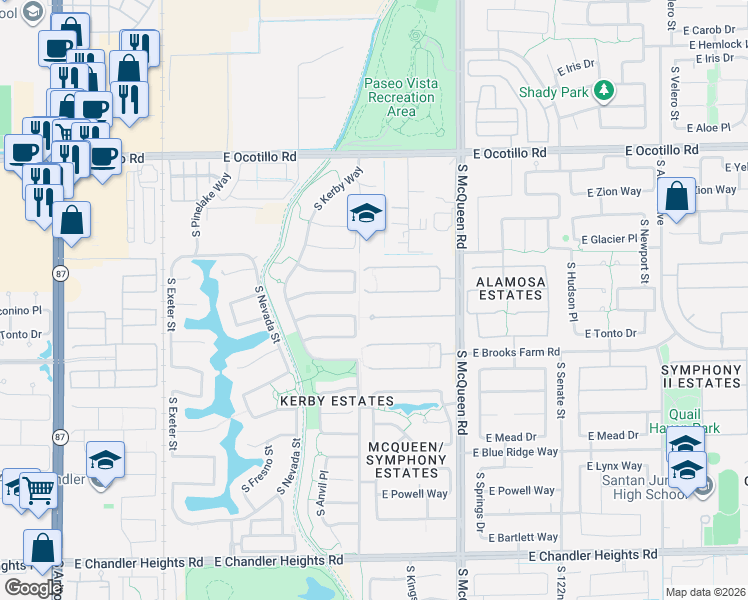map of restaurants, bars, coffee shops, grocery stores, and more near 853 East Coconino Place in Chandler