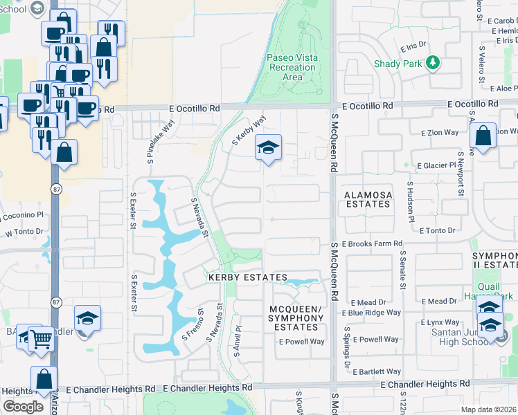 map of restaurants, bars, coffee shops, grocery stores, and more near 872-882 E Coconino Pl in Chandler