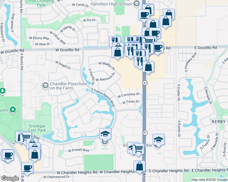 map of restaurants, bars, coffee shops, grocery stores, and more near 281 West New Dawn Drive in Chandler