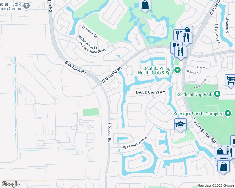 map of restaurants, bars, coffee shops, grocery stores, and more near 1905 West Grand Canyon Drive in Chandler