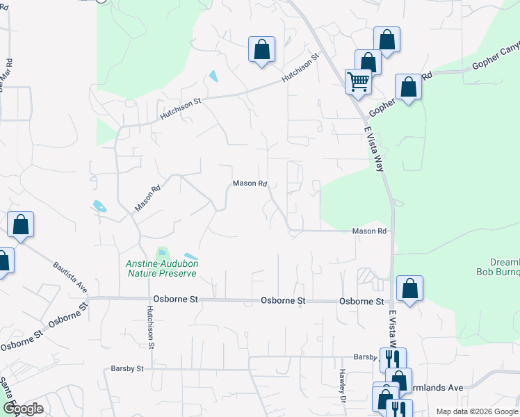 map of restaurants, bars, coffee shops, grocery stores, and more near 715 Mason Road in Vista