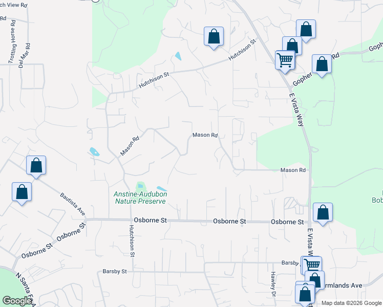map of restaurants, bars, coffee shops, grocery stores, and more near 581 Mason Road in Vista