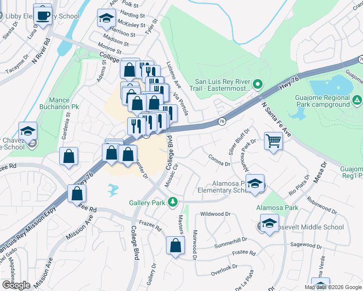 map of restaurants, bars, coffee shops, grocery stores, and more near 5013 Caspian Drive in Oceanside