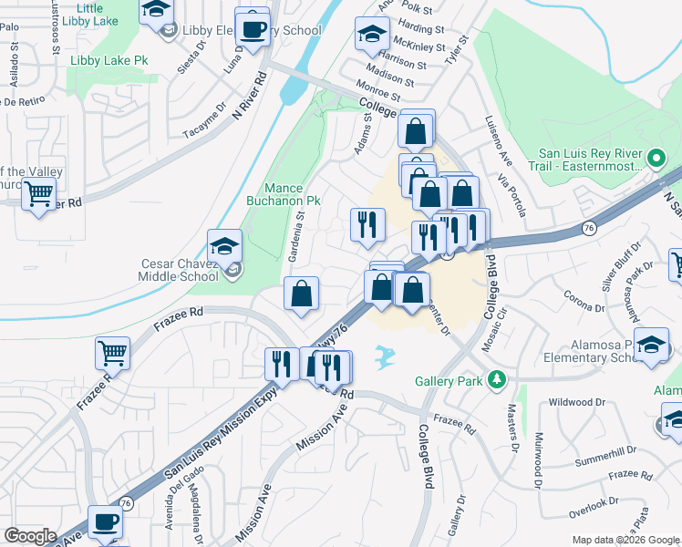 map of restaurants, bars, coffee shops, grocery stores, and more near 242 Flame Tree Place in Oceanside