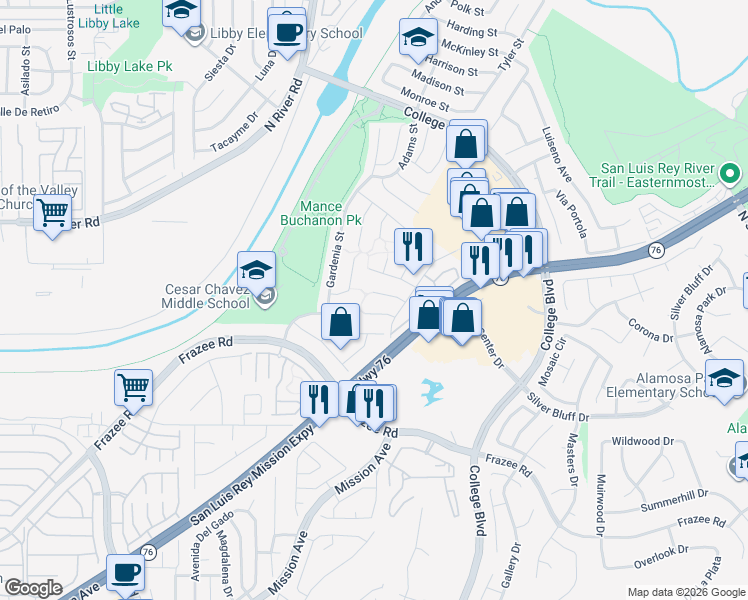 map of restaurants, bars, coffee shops, grocery stores, and more near 242 Flame Tree Place in Oceanside