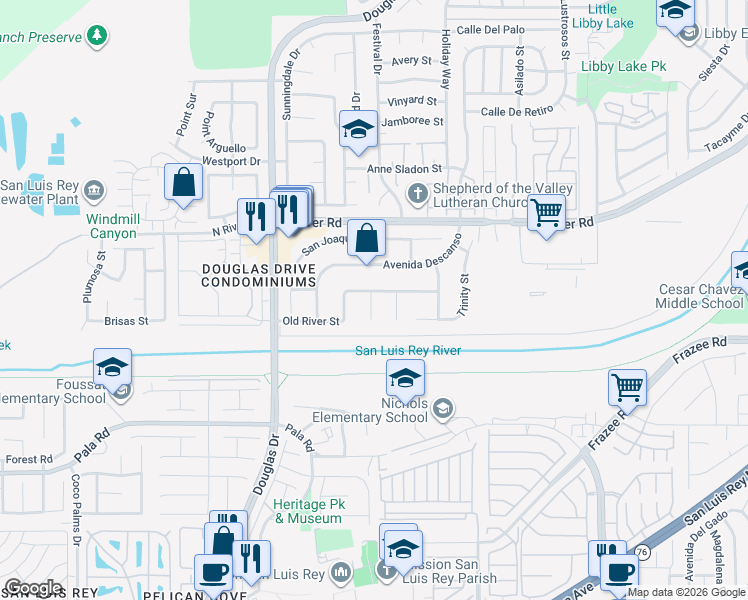 map of restaurants, bars, coffee shops, grocery stores, and more near 4464 Old River Street in Oceanside
