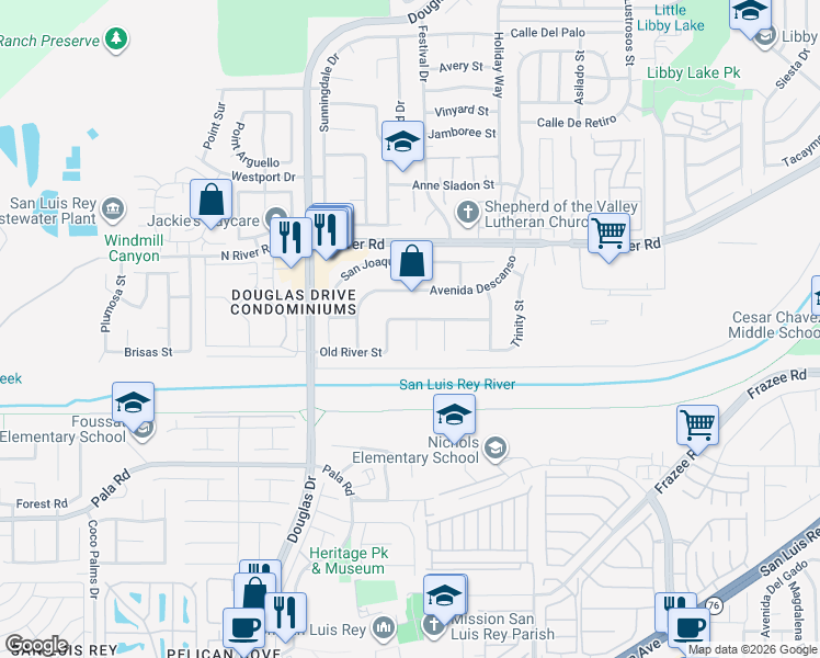 map of restaurants, bars, coffee shops, grocery stores, and more near 4464 Old River Street in Oceanside