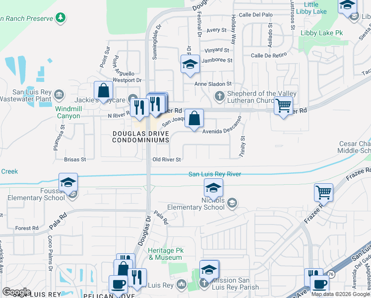map of restaurants, bars, coffee shops, grocery stores, and more near 4450 Old River Street in Oceanside