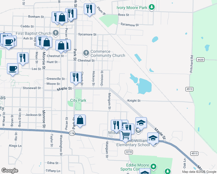 map of restaurants, bars, coffee shops, grocery stores, and more near 2017 Mangum Street in Commerce