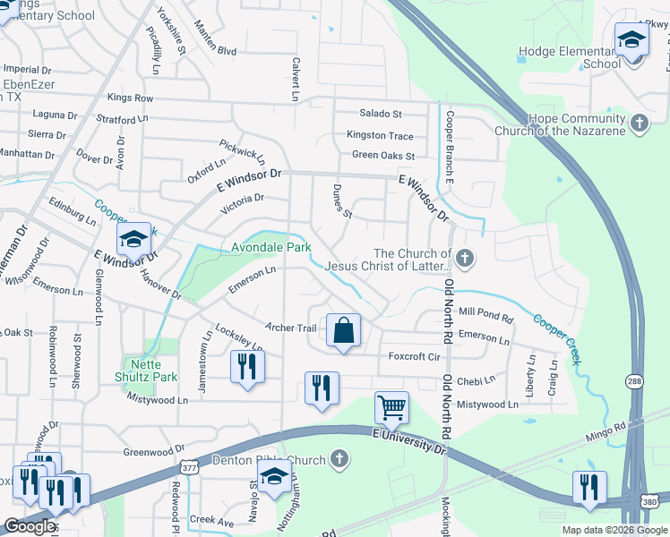 map of restaurants, bars, coffee shops, grocery stores, and more near 3102 Broken Arrow Road in Denton