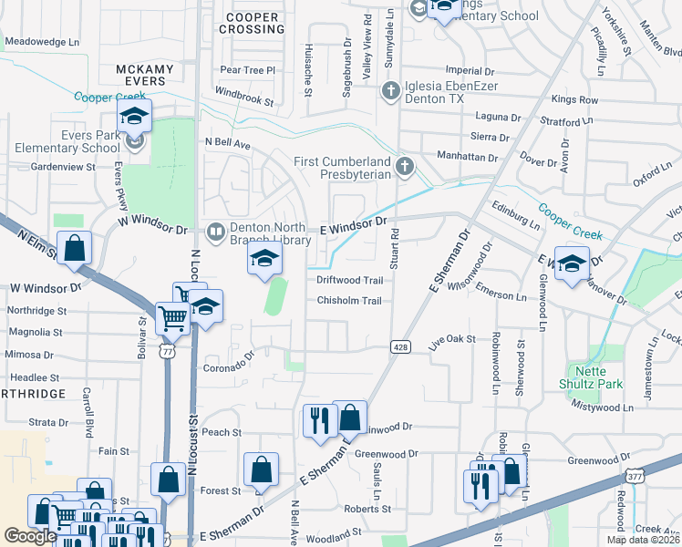 map of restaurants, bars, coffee shops, grocery stores, and more near 601 Windfields Street in Denton