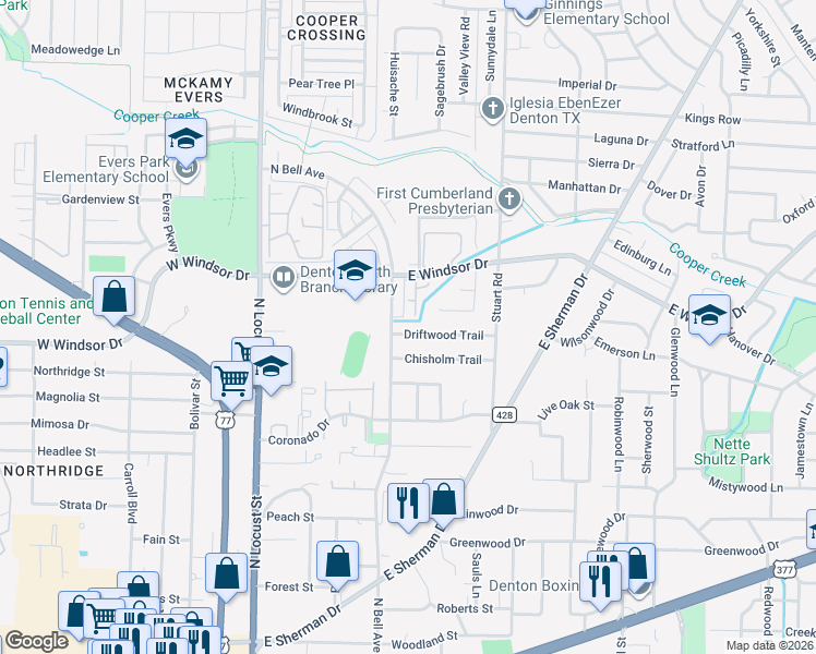 map of restaurants, bars, coffee shops, grocery stores, and more near 3004 North Bell Avenue in Denton
