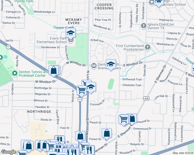 map of restaurants, bars, coffee shops, grocery stores, and more near 119 Gable Court in Denton