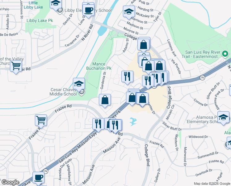 map of restaurants, bars, coffee shops, grocery stores, and more near 242 Flame Tree Place in Oceanside
