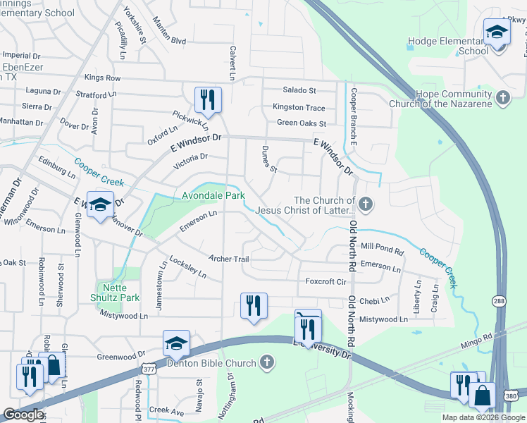 map of restaurants, bars, coffee shops, grocery stores, and more near 3102 Broken Arrow Road in Denton