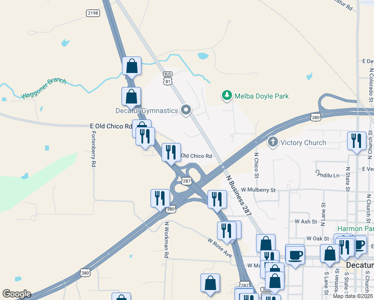 map of restaurants, bars, coffee shops, grocery stores, and more near 1207 North Business 287 in Decatur