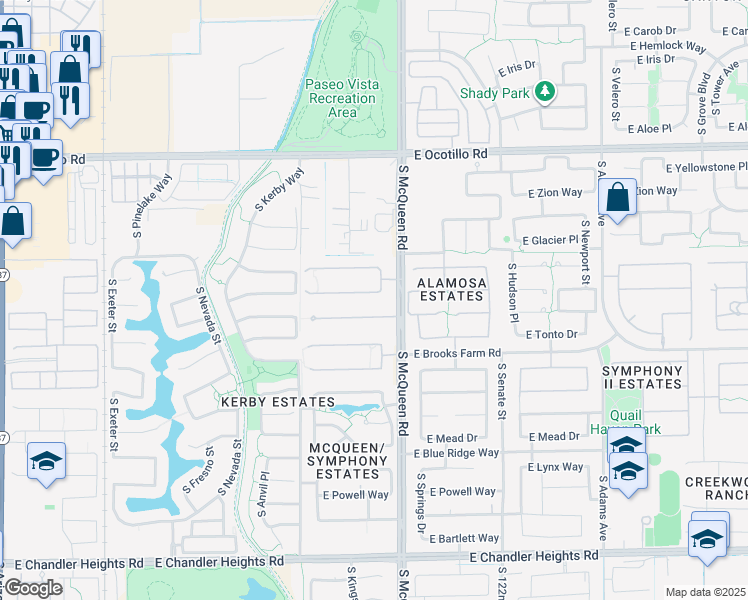 map of restaurants, bars, coffee shops, grocery stores, and more near 943 East Coconino Drive in Chandler