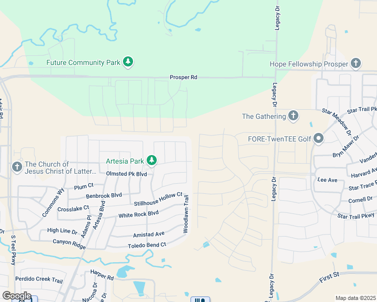 map of restaurants, bars, coffee shops, grocery stores, and more near 2316 Grant Park Way in Prosper