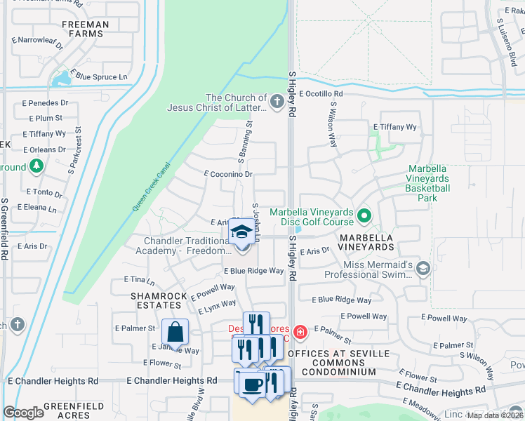 map of restaurants, bars, coffee shops, grocery stores, and more near 3109 East Eleana Lane in Gilbert