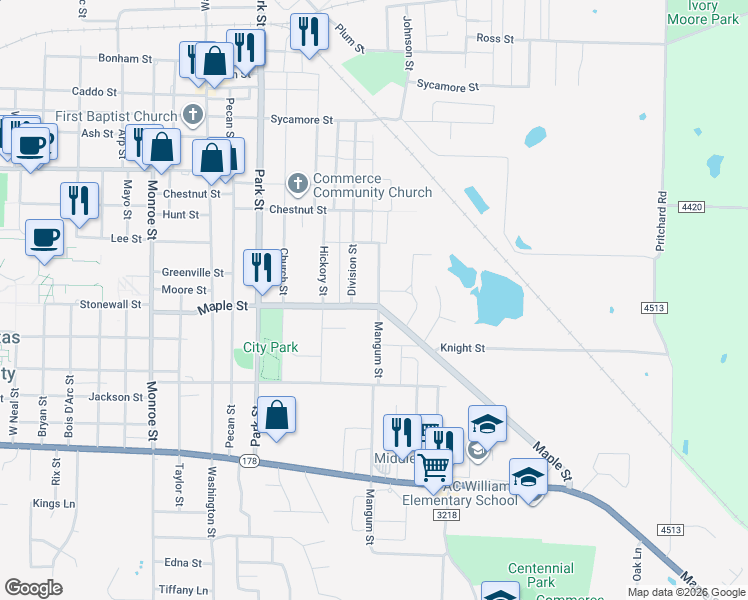 map of restaurants, bars, coffee shops, grocery stores, and more near 2017 Mangum Street in Commerce