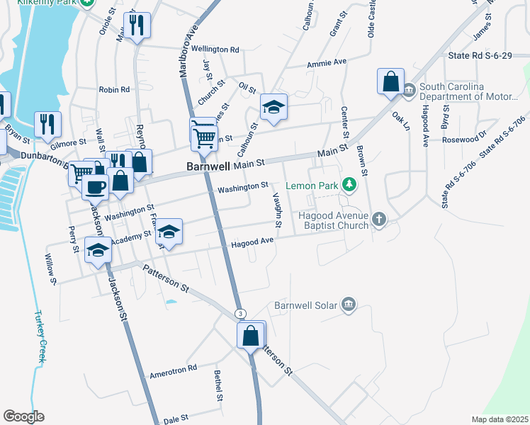 map of restaurants, bars, coffee shops, grocery stores, and more near 150 Simms Street in Barnwell