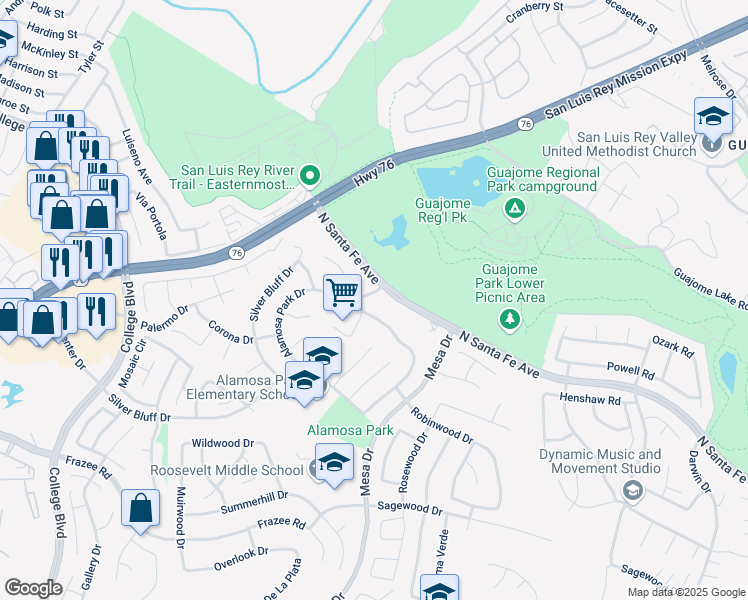 map of restaurants, bars, coffee shops, grocery stores, and more near 5289 Alamosa Park Drive in Oceanside