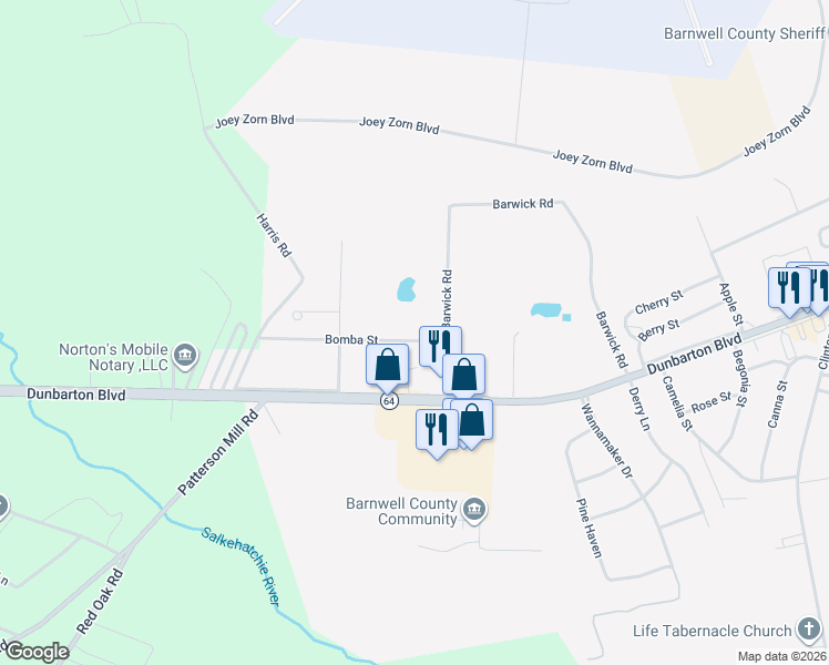 map of restaurants, bars, coffee shops, grocery stores, and more near 70 Bomba Street in Barnwell