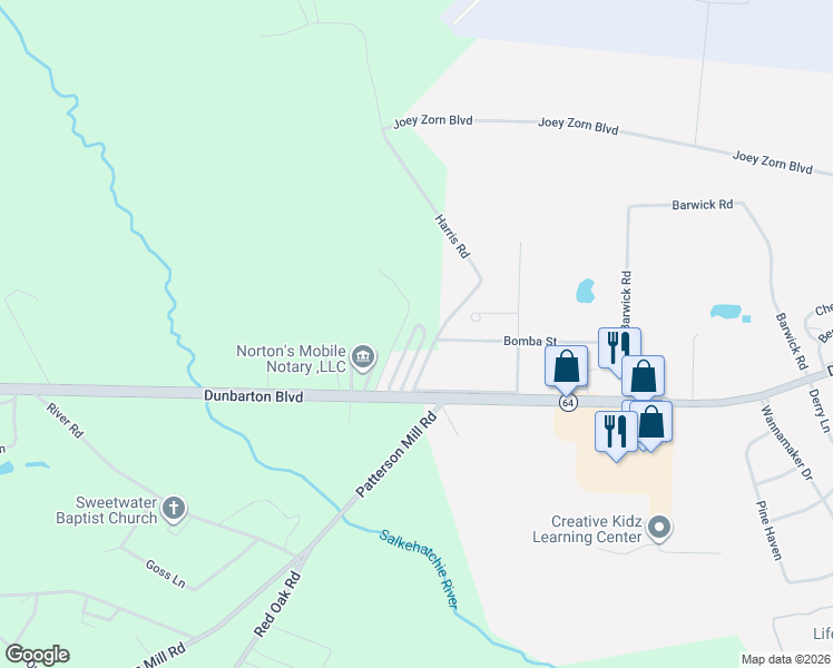 map of restaurants, bars, coffee shops, grocery stores, and more near 1119 Harris Road in Barnwell