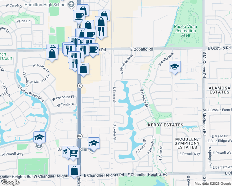 map of restaurants, bars, coffee shops, grocery stores, and more near 404 East Coconino Place in Chandler