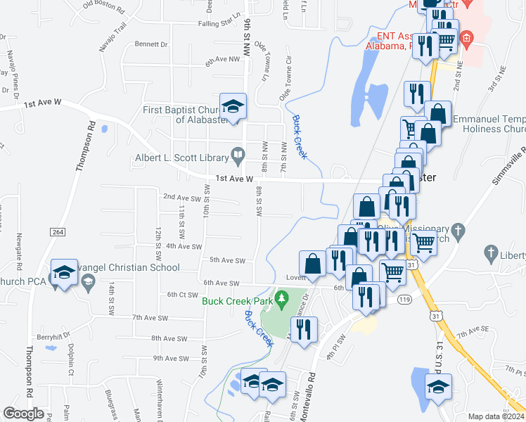 map of restaurants, bars, coffee shops, grocery stores, and more near 147 8th Street Southwest in Alabaster