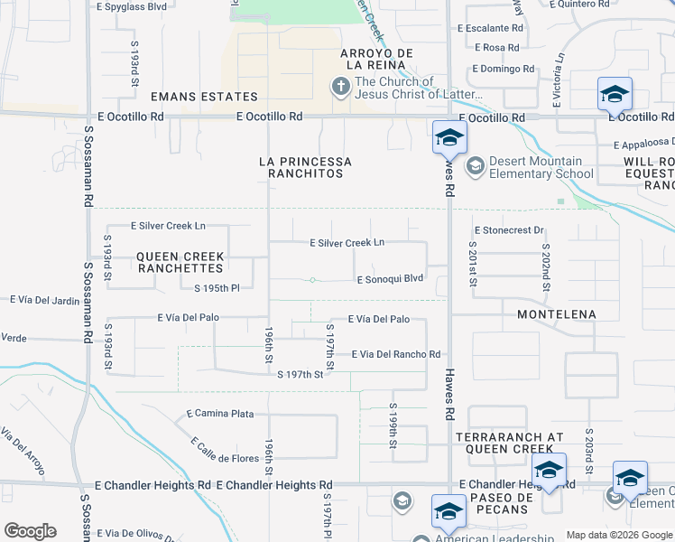 map of restaurants, bars, coffee shops, grocery stores, and more near 19755 East Silver Creek Lane in Queen Creek