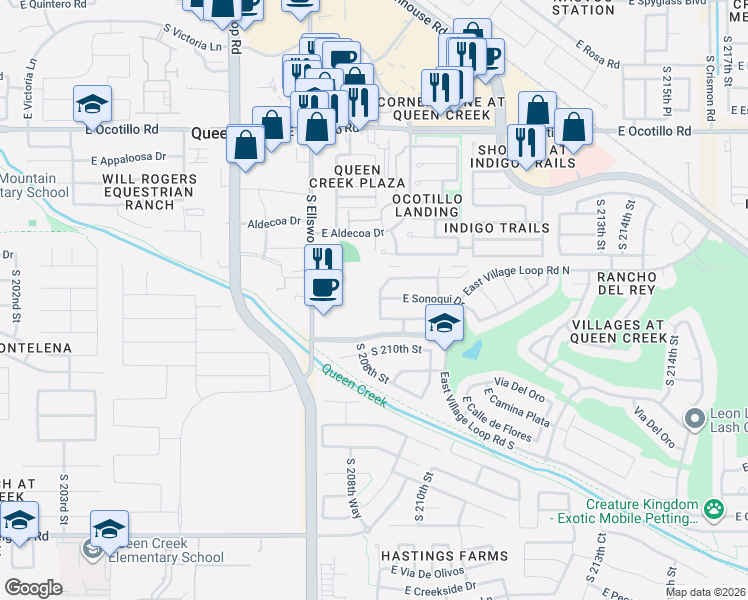 map of restaurants, bars, coffee shops, grocery stores, and more near 22572 East Desert Hills Boulevard in Queen Creek