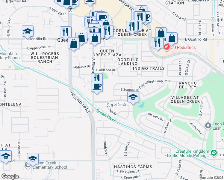 map of restaurants, bars, coffee shops, grocery stores, and more near 22572 East Desert Hills Boulevard in Queen Creek