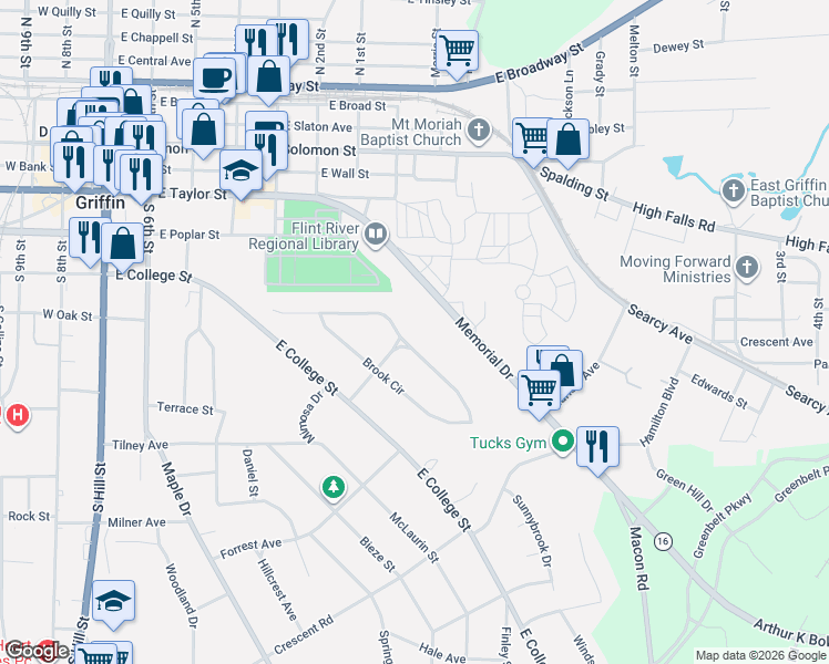 map of restaurants, bars, coffee shops, grocery stores, and more near 502 Brook Circle in Griffin
